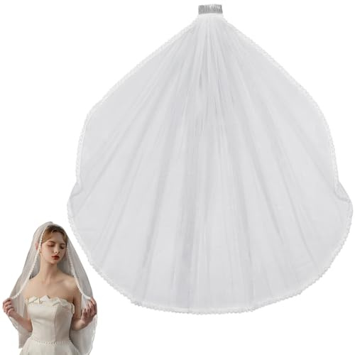 CABODYALS Voile de Mariée Blanc avec Peigne à Cheveux Coiffe Détachable Longue Taille Tulle 1 Niveau Bord en Dentelle Florale Voiles Élé s pour Femmes Cadeaux de Mariée Fiançailles Enterrement de Vie