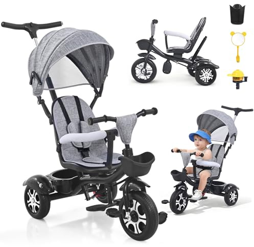 6-in-1 Trike, Kids Trike with Parent Handle, Baby Push Tricycle, 3-Point Safety Belt, with Removable Canopy, Bottle Holders, Storage Baskets and Footrests, Baby Trikes for 1 Year Old, Gray