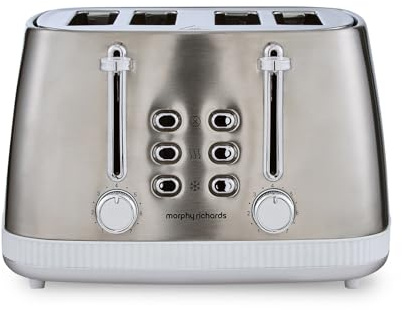 Morphy Richards Mexborough 4 Slice Toaster, Stainless Steel, Independent Operation, Browning Controls, Removable Crumb Tray, Anti-Jam, Defrost, Cancel, Reheat, 1860W, White Trim, 242903