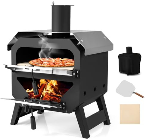 GYMAX Four à Pizza Extérieur à Bois ou à Pellets, avec Pierre de Cuisson, Pelle, Toit en Acier Anti-brûlure, Température Max.510℃, Poignées de Transport, Taille Compacte pour Pique-Nique Camping BBQ