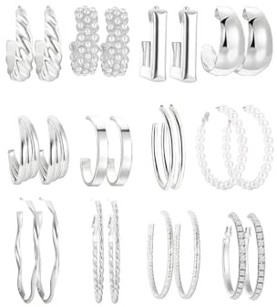 12 Pairs Silver Hoop Earrings Set for Women, Fashion Chunky Pearl Earrings Multipack Twisted Statement Earring Pack, Hypoallergenic Trendy Small Big Hoops Earrings