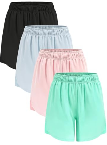 Orrfreer 4 Pack Girls Athletic Shorts,Sports Shorts 6-14 Years Teen Kids Running Cycling Basketball Short for Girls with Drawstring & Pockets Black/Blue/Pink/Green M