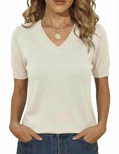 Totatuit Pull Femme Manches Courtes Col V Top Tricoté Coupe Cintrée Haut | Style Élégant, Tenue Quotidienne, Facile à Associer, Style Polyvalent