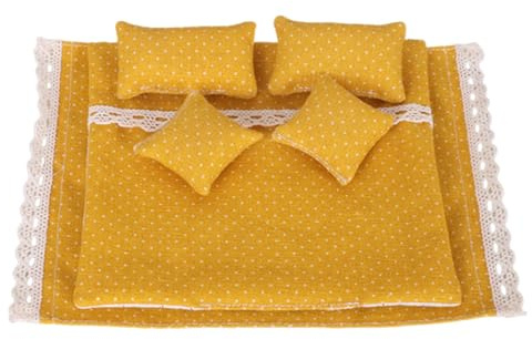 DuskHaven Juego de Ropa de Cama para Casa de Muñecas Accesorios Miniatura Cojín Edredón Sábana de Tela Suave Adecuado para Decoración de Escena Juegos de, Amarillo
