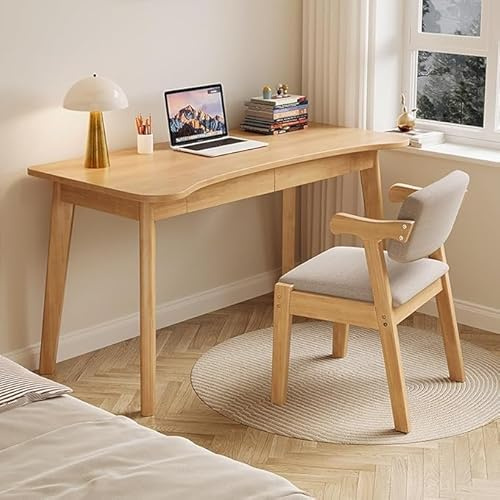 79 cm Datorskrivbord med Låda för Hemmakontor, Skrivbord i Massivt Gummiträ med Böjd Skiva, Modernt Studiebord för Sovrum, Valnöt(Natural,31 inch)