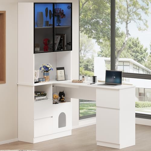 NuvlaGu Escritorio de esquina con estante y vitrina LED 120×80×180 cm, mesa de ordenador con 3 cajones, 2 puertas, pasacables y compartimento para mascotas, mesa de oficina moderna con espacio de