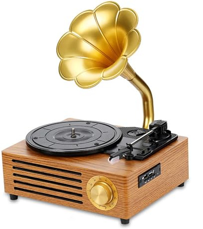 Grammofono stereo vintage, giradischi in vinile a forma di corno con giradischi a 3 velocità, lettore di schede SD, altoparlanti integrati, supporto Bluetooth per la decorazione domestica