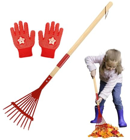 Rastrillo para Niños - con Guantes Mango de Madera Desmontable de 69 cm,Rastrillo de Jardín para Hojas,para Acampada Exploración al Aire Libre Jardinería Mantenimiento de Césped