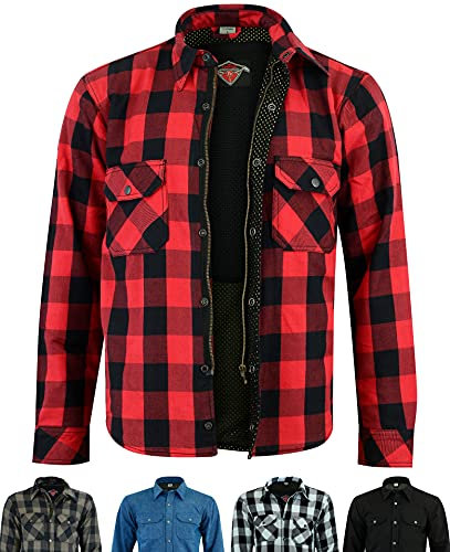 Texpeed Chemises de moto pour hommes avec protections - Veste de motard été chemise à carreaux en flanelle fabriquée avec Aramid - Protection (EN 1621-1) Rouge - XXL