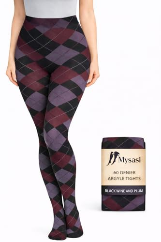 MYSASI Women’s 60 Denier Argyle Pattern Tights – Medium | Soft & Durable Opaque Fashion Hosiery | Stylish Printed Tights for Everyday, Work or Evening Wear Medium Black Wine and Plum