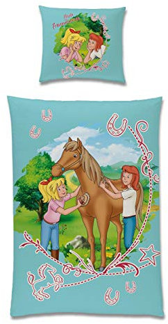 Tex Idea Bibi und Tina Wende Bettwäsche Set 135x200 80x80 cm aus 100% Baumwolle · Mädchenbettwäsche mit Reißverschluss in Türkis-Blau Weiss