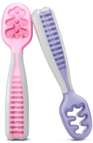 NumNum Baby Löffel 2er-Set, Silikon Esslernlöffel für Baby ab 6 Monate - BPA-frei - Lernlöffel und Breilöffel für BLW und Beikost Zubehör - Ideales Esslernbesteck - Flieder/Rose