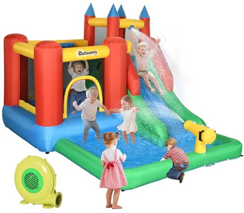 Outsunny 6-in-1 Kids Bounce House Inflatable Water Slide with Pool, Water Cannon, Climbing Wall, Inflator Included, Jumping Castle Kids Backyard Activity Outdoor Water Play Toy