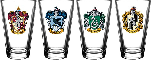 Harry Potter Pint Glass Set - Includes House Crests: Gryffindor, Slytherin, Hufflepuff, & Ravenclaw -16 oz. Capacity - Set of 4 Glasses