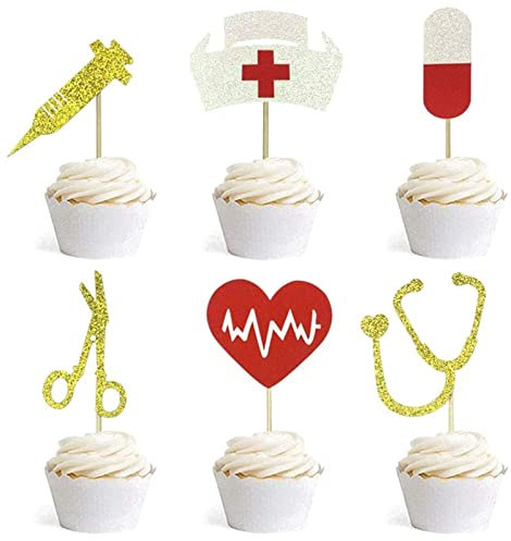 Bymivofun 24 piezas Adornos de Cupcakes de Enfermería, Púas para Cupcakes de Graduación de Enfermera con Purpurina, para Decoración de Suministros de Fiesta Temática de Enfermera Rn