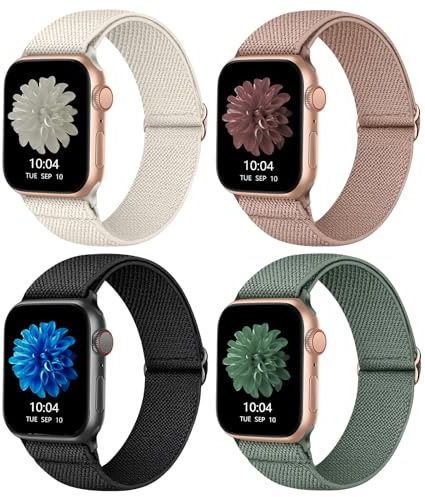 Stretchig Nylon Solo Loop-Rem Kompatibel med Apple Watch 38-49 mm, Justerbara Flätade Sportelastiska Band för iWatch Serie 8/Ultra/7/6/5/4/3/2/1 SE - 4-Pack för Kvinnor och Män