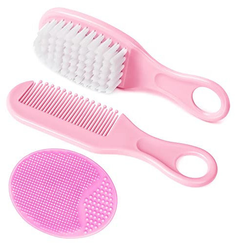 Aolso Baby Haarbürste und Kamm Set, 3 Stück Baby-Haarbürste mit Weichen Borsten, Ideal für Cradle Cap für Neugeborene & Kleinkinder-Rosa