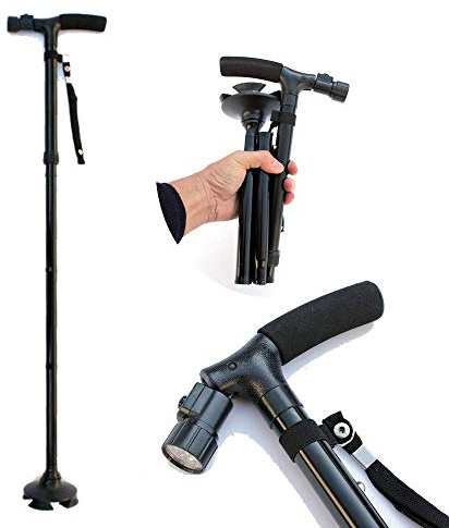 Walking Sticks Seat Folding Cane with LED Light- Foldable Walking Cane for Men, Women, Adjustable Crutch with Seat for Fathers Mothers Gifts Family