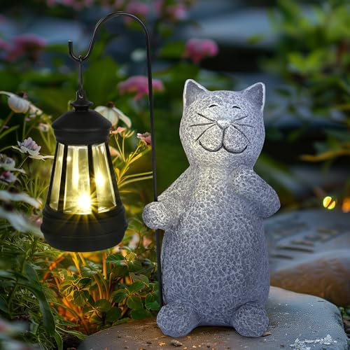 Katze Gartenfiguren für Außen mit Solar Laterne, GuKKK Solar Katzen Deko Gartendeko für Draußen, Solarbetriebene LED Lichter für Frauen Männer Mama Geburtstagsgeschenk, Terrasse Balkon Wohnzimmer Deko