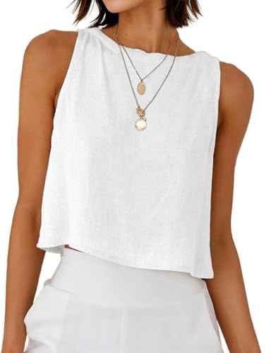 Crop Tops for Women 2026 High Neck Summer Cute Y2k Cropped Sleeveless Cotton Linen Casual Top, White, M