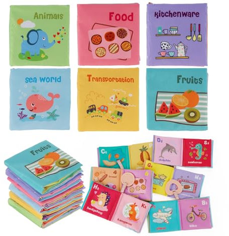 ilauke 6 Stück Stoffbuch für Babys, Baby Spielzeug 0-6 12 Monate Kleinkind Spielzeug, Interaktive Babybücher, Fühlbuch Knisterbuch Baby Spielzeug, Waschbar Anti Tear Crinkle Badebuch