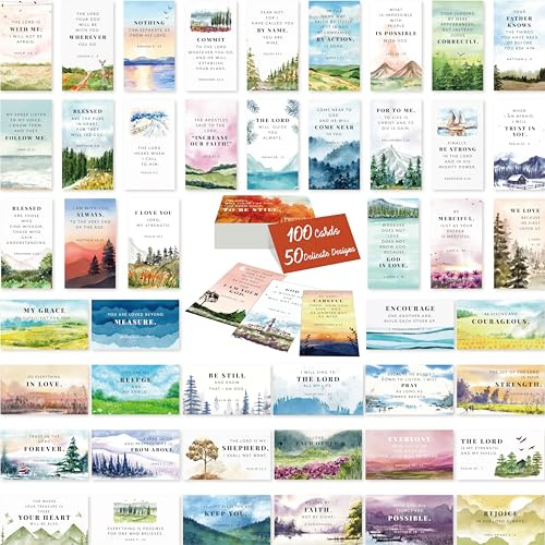 Gethelud 100 Cartoline con Versetti Biblici, 50 Disegni Delicati, Mini Cartoline di Preghiera Stile Acquerello, Cartoline con Citazioni Motivazionali e Ispiratrici per Cristiani Religiosi