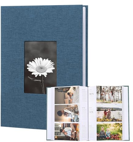 Photo Album With Writing Space, 6x4 Slip in Photo Album Hold 300 Photos, Linen Cover, Each Page Holds 3 Photos, Small Picture Book With Memos, for Family Wedding Anniversary Baby (Blue)