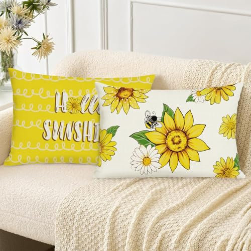 Bonhause Summer Floral Cushion Covers 30 x 50 cm Yellow Flower Sunflower Bee Decorative Throw Pillow Covers for Sofa Couch Bed Home Garden Patio Outdoor Decor Set of 2