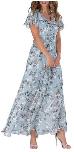 Women's Chiffon Floral Maxi Dress - Summer Elegant Boho Long Flowy Dresses Ruffle Sleeves V Neck Vacation Beach Outfit Wedding Guest Engagement Cocktail Party