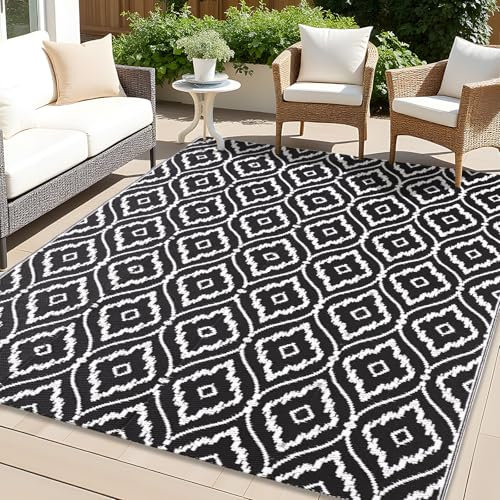 Homaxy Waterproof Outdoor Rug 150 x 240 cm, UV Resistant Reversible Plastic Straw Garden Rug, Portable Easy Cleaning Carpet for Patio, Camping, Balcony, Picnic, Black & White