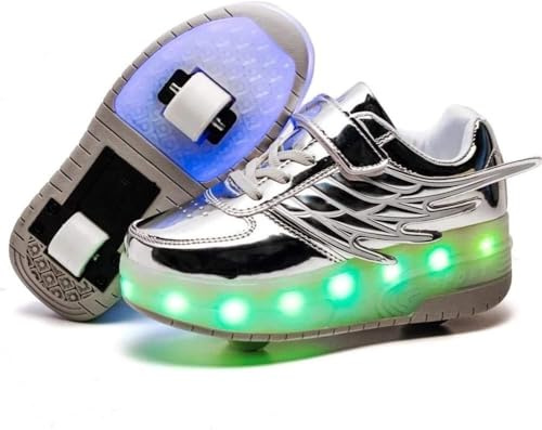 Unisex Barn Rullskridsko Skor Avtagbar Bli Sporttränare Usb-laddning Led Skor Dubbla Hjul Ungdom Flicka Utomhussporter Kors För Pojkar Flickor Hjul Skor, Silver, 31 EU