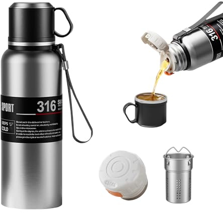 Botellas de agua 3 en 1 con taza de viaje, tapa de taza de café, infusor de té, asa de transporte, botella térmica de boca ancha, termo de acero inoxidable 316 aislado al vacío, a prueba de fugas, sin