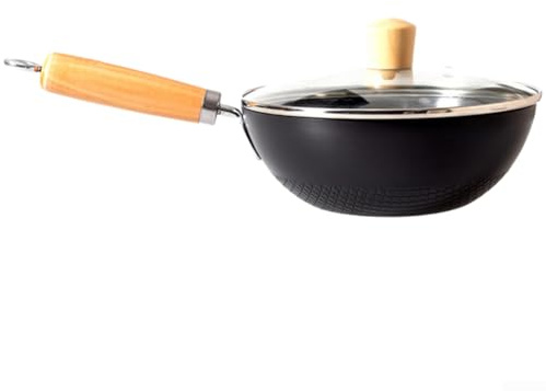 Wok in ferro piccolo per una persona, padella in ferro battuto non rivestita, padella in acciaio al carbonio stile giapponese, wok compatibile con induzione, (B-28 cm)