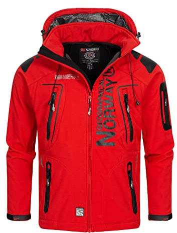 Geographical Norway Techno Men Distribrands - Veste Softshell Homme Impermeable - Manteau Respirant À Capuche Outdoor - Blouson Coupe Vent Tactique Resistant Hiver (Rouge/Noir S)