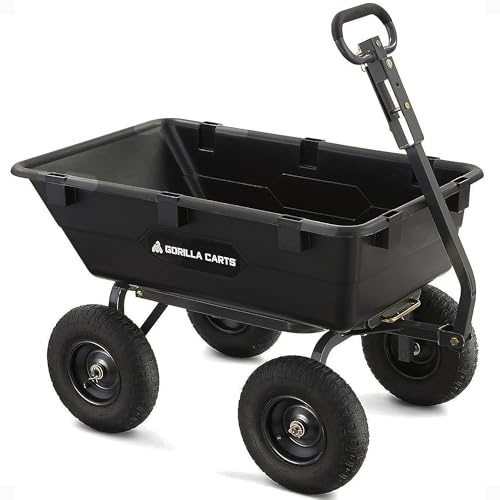 Gorilla Carts Heavy-Duty Poly Yard Dump Cart, 6 Cu Ft Tub, 1200 lb Haul Capacity, Black – Towable Utility Wagon with Quick-Release Dumping & Pneumatic Tires for Landscaping and Gardening