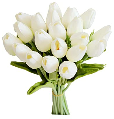 Mandy's White Artificial Tulips Flowers Centerpiece, 13.5 Lifelike PU Fake Floral Stems 20pcs for Kitchen Island & Dining Table, Spring Decor for Easter