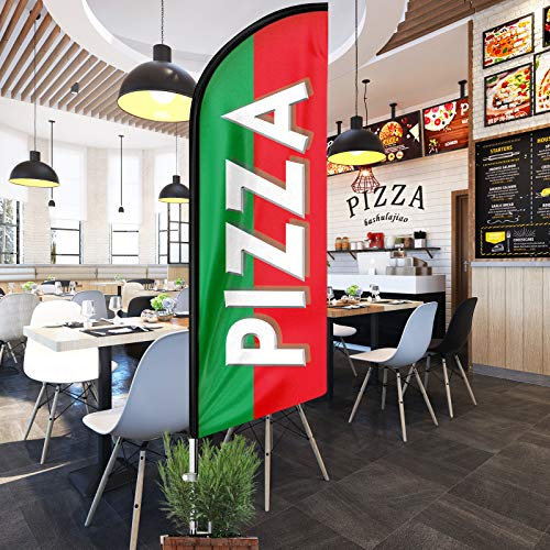 QSUM Pizza Plume Drapeau, 3,1M Pizza Drapeau Publicitaire avec Kit Poteau, Piquet de Sol,Signs Publicitaire Exterieur Adapté Publicité en magasin et activités de plein air