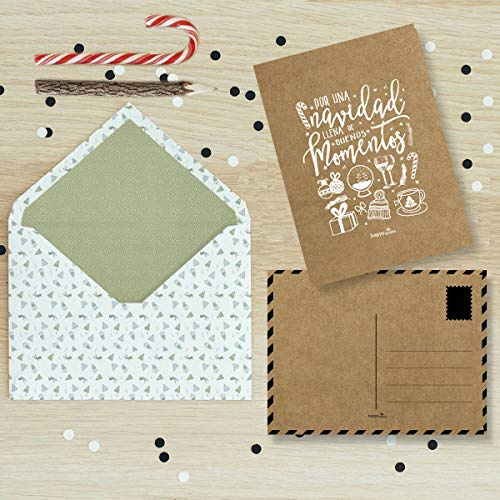 Happymots Pack 5 Tarjetas de Navidad | Cartulina Kraft Reciclable de 300g | Tarjetas regalo para escribir | 13 x 18 cm | Ideal para Tarjetas de agradecimiento | Incluye 5 Sobres | Tarjeta felicitación