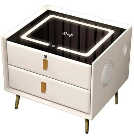 Smart Bedside Table With Smart Fingerprint Lock, 5.0 Bluetooth Speakers, 2 Drawers, Double-Layer Countertop & Built-in Three-Tone Lights, Smart Bedroom Nightstand with Wireless Charging