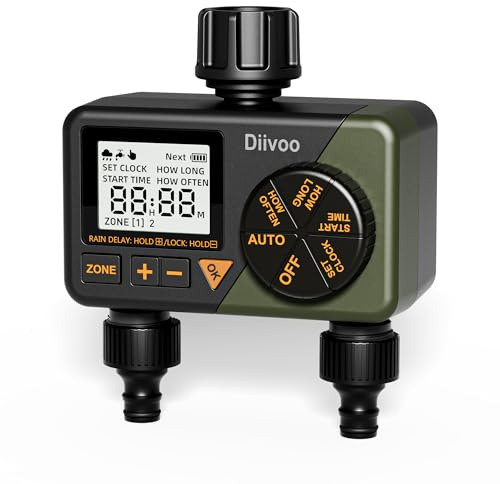 Diivoo Water Timer for Irrigation, Digital Automatic Hose Pipe Tap Sprinkler Timer 2 Outlets, Garden Watering Systems Controller With Rain Delay/Auto&Manual Mode for Lawn