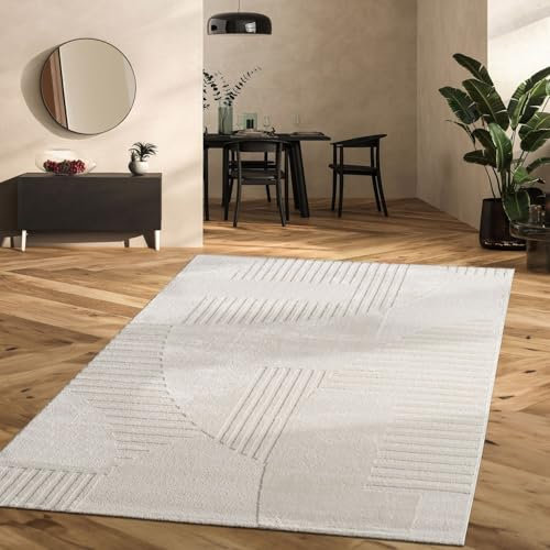 TT Home Wohnzimmer Teppich Schlafzimmer Kurzflor Soft Modern Boho Skandi Design 3D Unifarben Abstraktes Geometrisches Design, Farbe:Hellcreme Beige Creme, Größe:80x150 cm