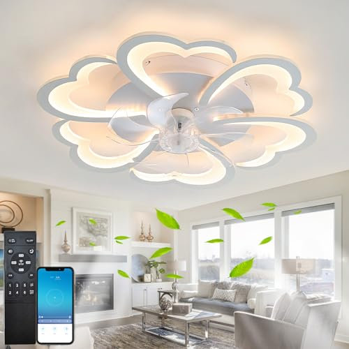 Fiore Ventilatore Da Soffitto Con Luce E Telecomando,Dc 6 Velocità Lampadario Con Ventilatore Da Soffitto,Led Dimmerabile,Funzione Di Memoria Silenzioso,Per Soggiorno Camera Da Letto,App,Bianco