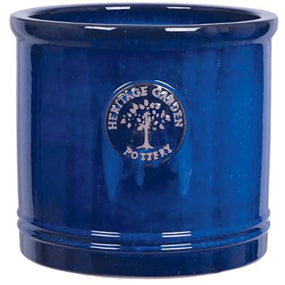 Large 30cm Blue Heritage Cylinder Garden Ceramic Planter Plant Flower Pot - Frost Proof