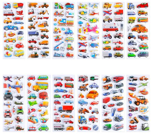 Tabanzhe 12 Sheets Car Theme Puffy Stickers,3D Cartoon Stickers for Children,Teacher Reward Stickers DIY Decoration Decal with Cars Airplane Train Ambulance Fire Trucks and More
