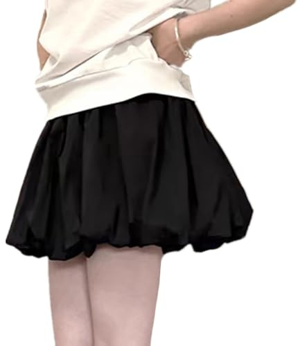 Women Bubble Skirt Y2K Casual White Mini Skirt Elastic Waist A-Line Skirt Cute Ruffle Short Skirts Balloon Skirts for Women (UK, Alpha, L, Regular, Regular, No Waist-Black)
