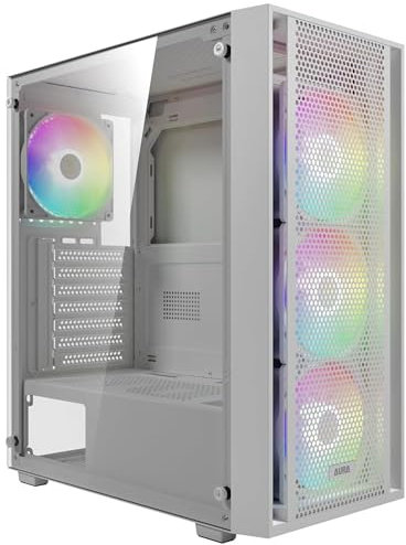 GAMDIAS Aura GC2 Elite ARGB ATX Gaming Midi-Tower PC-Gehäuse, 4 x 120-mm-ARGB-Lüfter, High Airflow Mesh Front Panel, Werkzeuglose Installation Tempered Glass Side Panel, Motherboard Sync, Weiß