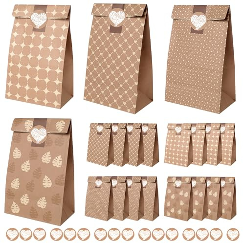 Romon, Pochette Cadeau de 16 pièces avec 16 Autocollants pour Sac Cadeau Noel, Sachet Papier Kraft, sacs à sandwich, Sac Cadeau Anniversaire, Sacs Cadeaux de mariage, etc.
