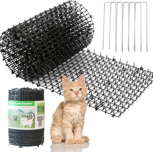 EVADOW 400cm*30cm Cat Scat Mats with Spikes, Plastic Anti Cat Repellent Mats with 12pcs U Shape Garden Staples for Indoor Sofa and Balcony, Black Anti Cat Spikes for Outdoor Garden and Fence
