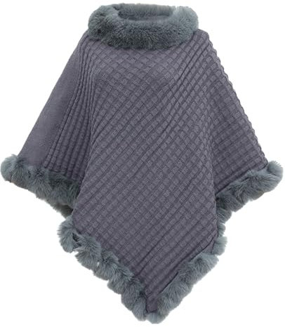 JFAN Damen Poncho Strick Cape Winter Warm Pullover Umhängetuch Elegante Strickponcho mit Kunstpelz Rundhal Grau
