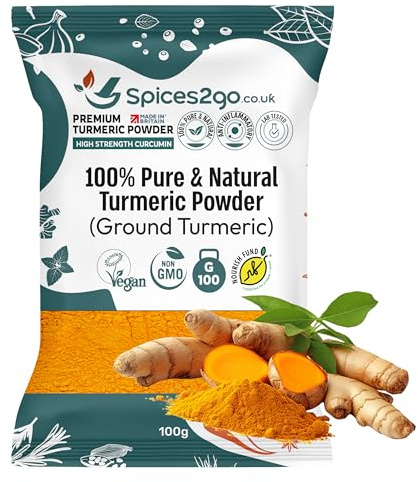 Spices2Go Premium Turmeric Powder - 100% Pure Turmeric Ground, Curcumin, Holud | Haldi | Haldar | Haladi, Long Shelf Life, GMO-Free, Made In Britain, Haldi, Tumeric (100G)
